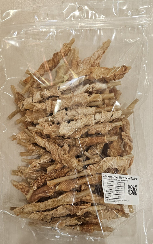 PAMPERED PETZ Chicken Jerky Rawhide Twist Dehydrated Treats 500g