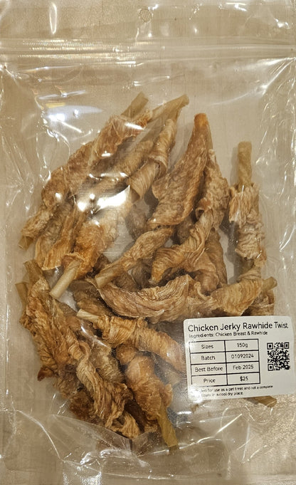 PAMPERED PETZ Chicken Jerky Rawhide Twist Dehydrated Treats 150g