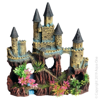 AQUA ONE ORNAMENT CASTLE WITH RIVER AND PLANT 22X12X23.5CMH