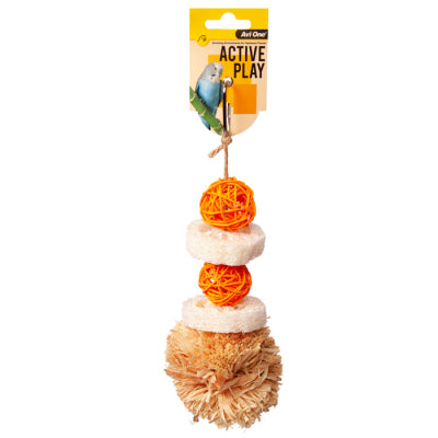 AVI ONE BIRD TOY POM POM W RATTAN BALL AND LOOFA 29CM