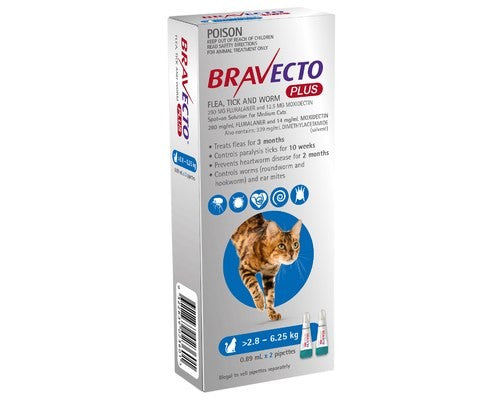 BRAVECTO PLUS SPOT ON CATS BLUE MEDIUM 2.8-6.2KG (2 PACK)